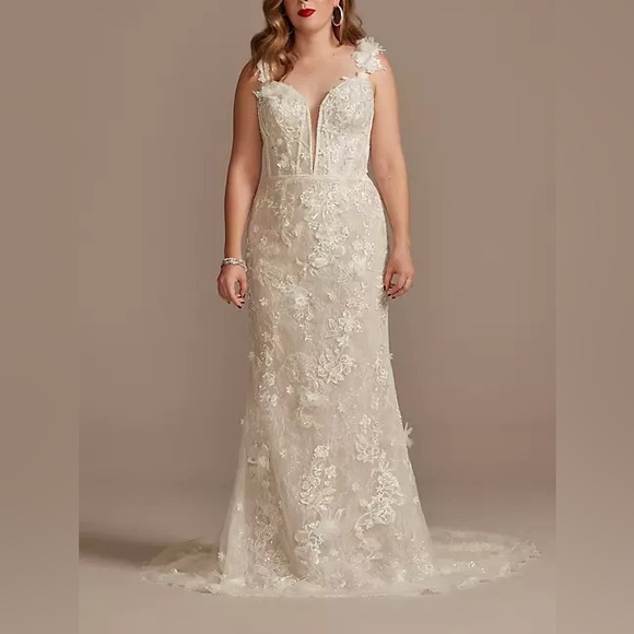 Galina Signature 3d floral applique plunge sheath wedding dress solid white NWT - Picture 2 of 12